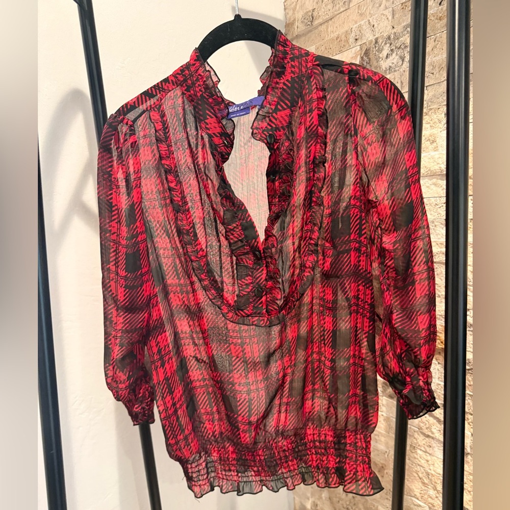 Miley Cyrus Sheer Red Plaid Ruffle Blouse